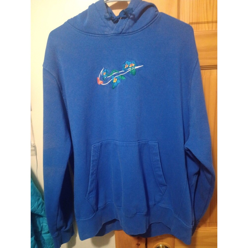 Nike Fleece Embroidered Hoodie Mens Large Blue Sweatshirt Flowers Floral Rare